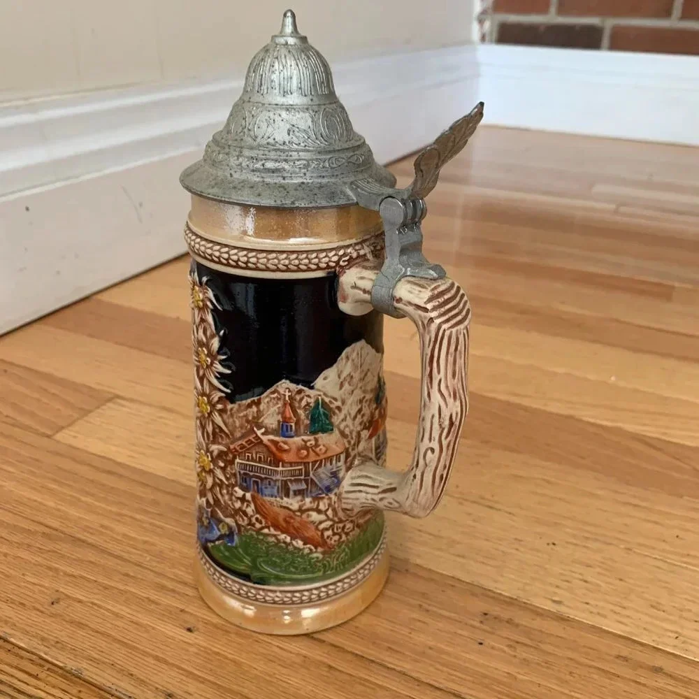 Vintage GERZIT German Beer Stein Handgemalt with Pewter Lid